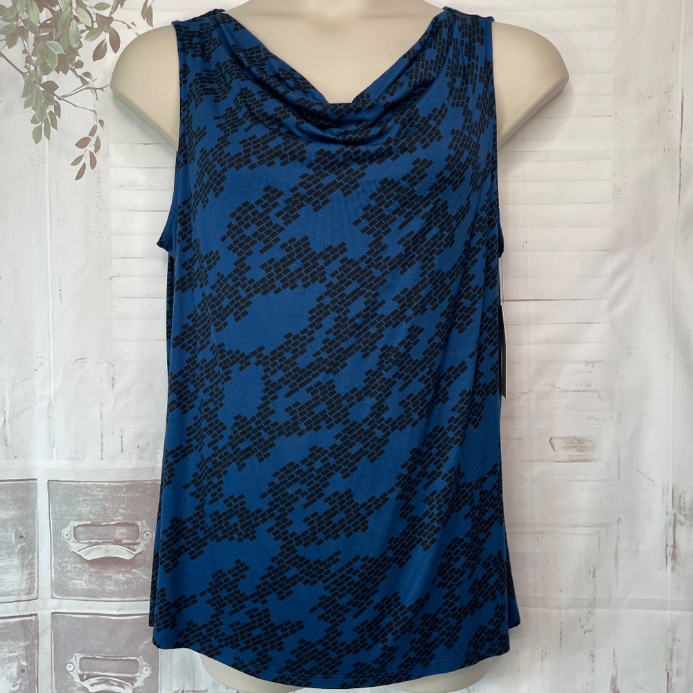 Sejour Blue Geometic Sleeveless Cowl Neckline Separates Tank Top Plus Sz. 1X NEW
